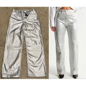 Abercrombie Women's 27/4 Relaxed Silver High Rise Pant Curve NWT Vegan Leather